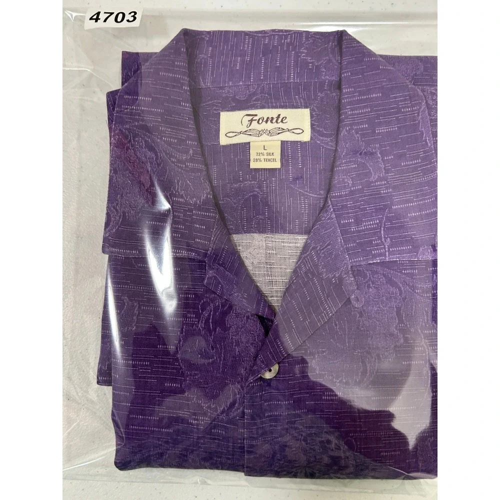 Fonte Mens Silk Tencel Blend Floral Jacquard Short Sleeve Camp‎ Shirt Purple L
